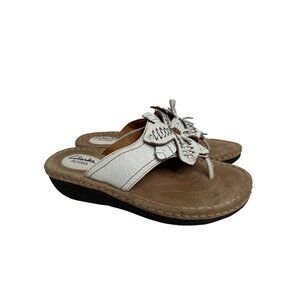 Clarks Artisan White Leather Floral Sandals Comfort Shoes Thong Padded Size 7.5
